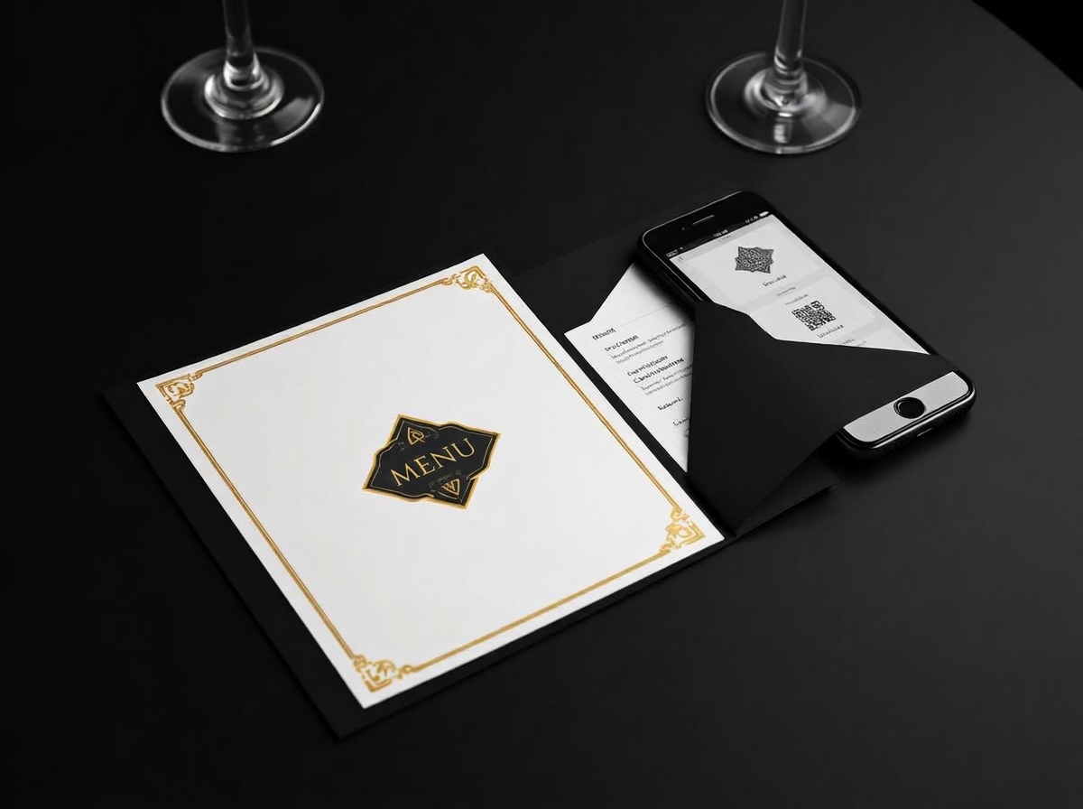 Menù elegante aperto accanto a uno smartphone con la versione digitale