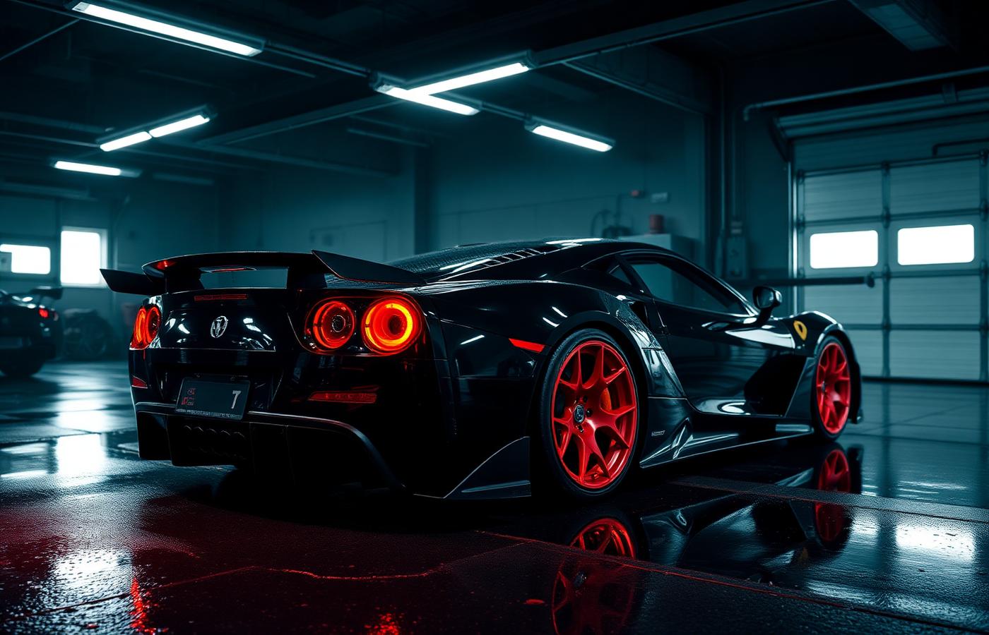 Auto sportiva nera in officina con luci rosse